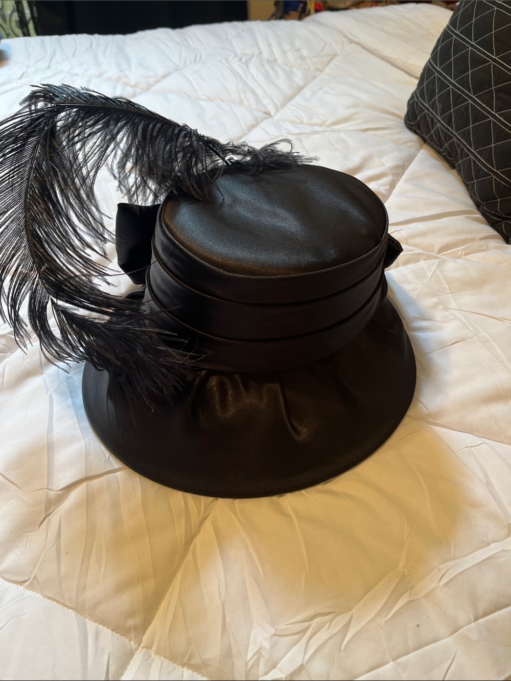 Black Feather Bow Evening Hat with Stud Accents